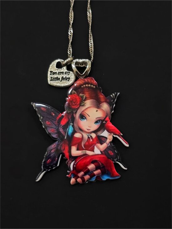 Hand Crafted ✦ Fairy Girl Acrylic Pendant Necklace ✦ Red Rose Silver Chain NWT - Picture 3 of 7